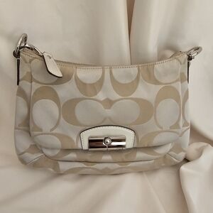 Coach Tan and White Signature Shoulder Bag